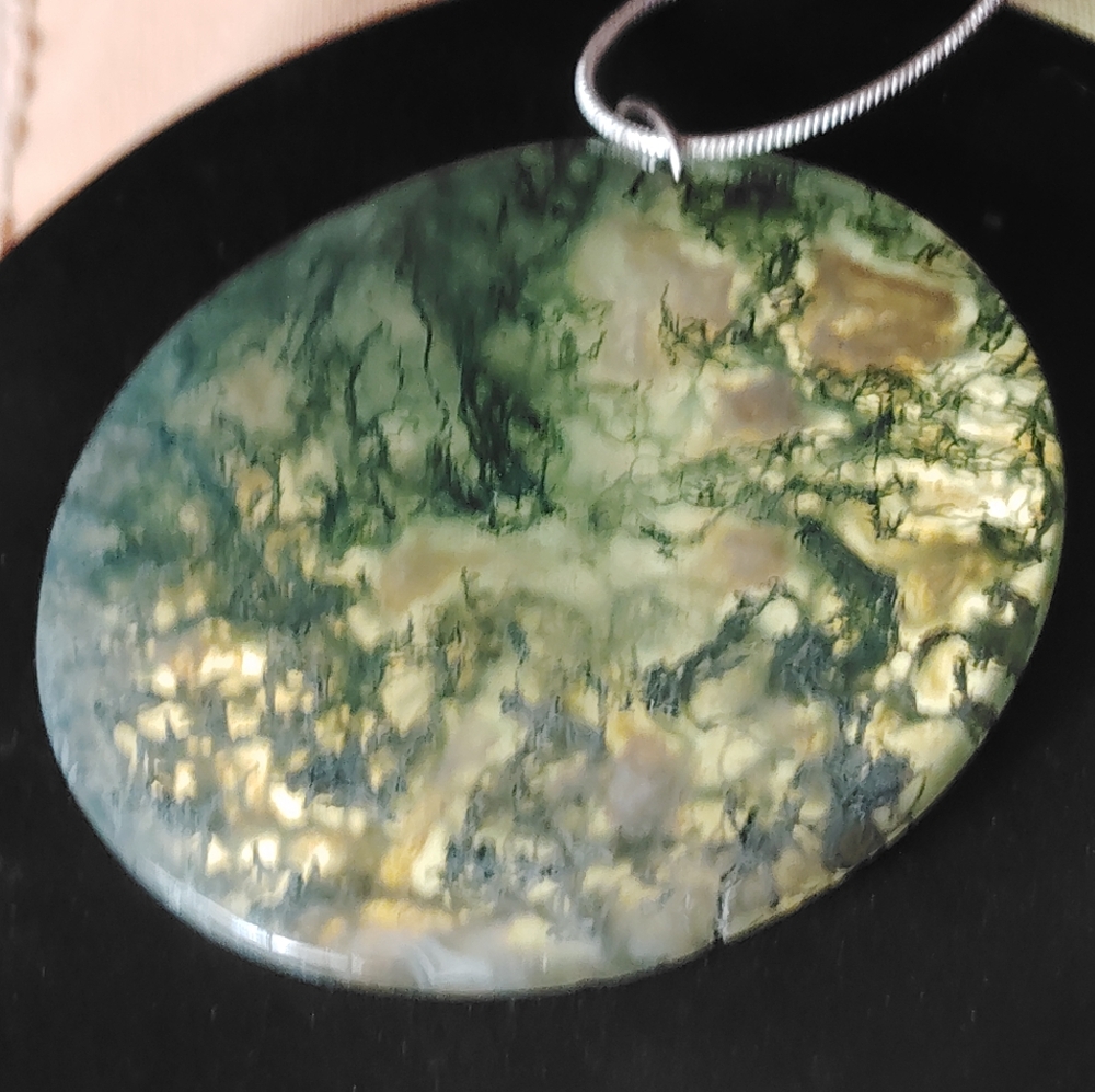 MOSS AGATE MEDALLION, 👉U CHOOSE LENGTH OF STERLING CHAIN. 18", 20", 22" INCH.